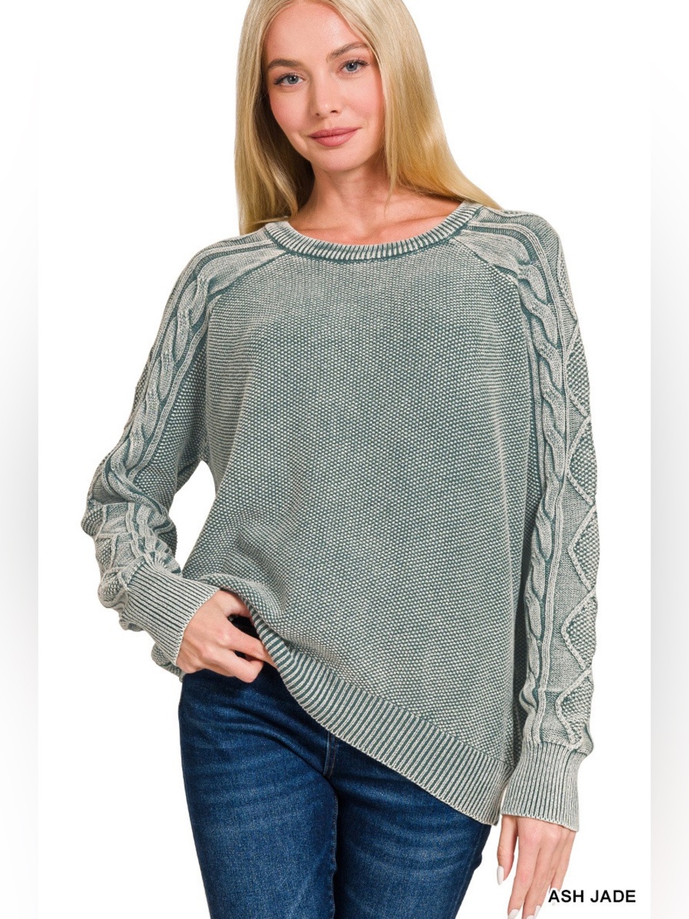Zenana Ash Jade Stone Washed Cable Sleeve Crewneck Sweater